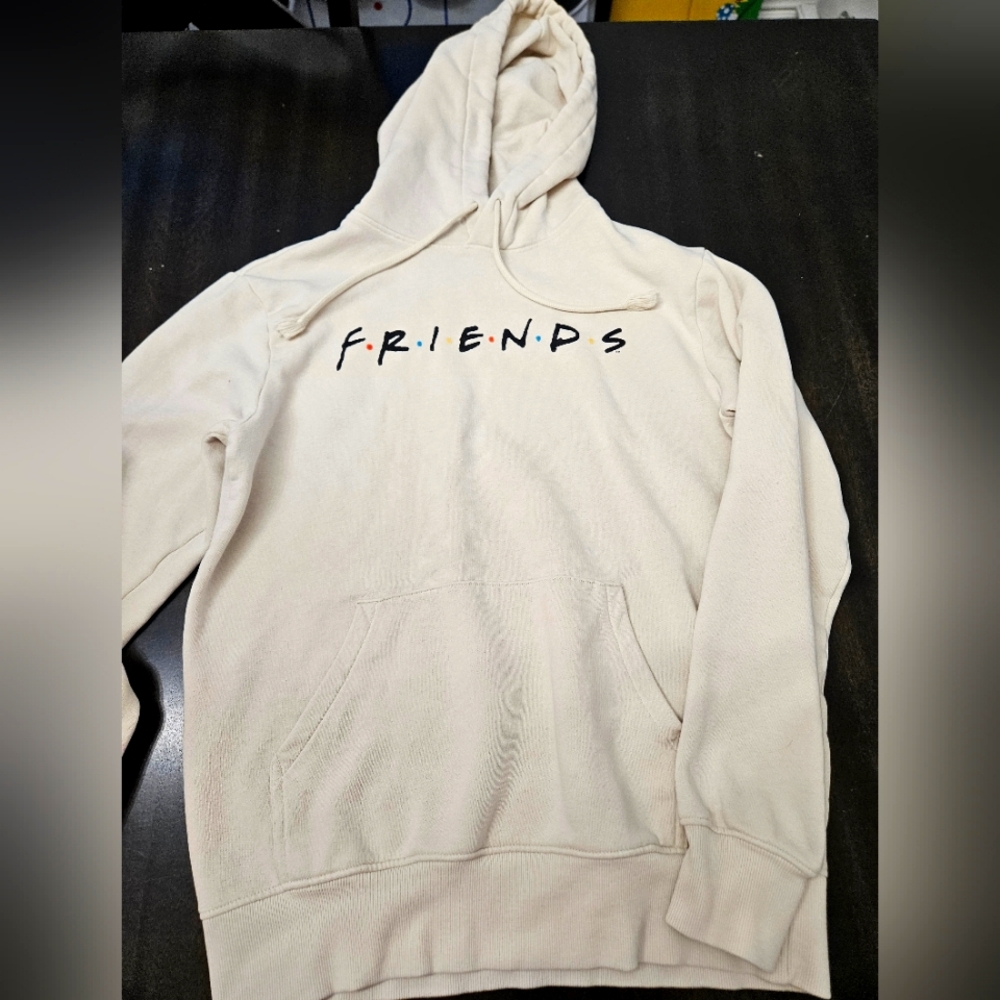 FRIENDS Tv Show cream Hooded Sweatshirt Sz small Kangaroo Pocket